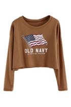 Romwe Union Jack And Letter Print Coffee Sweatshirt
