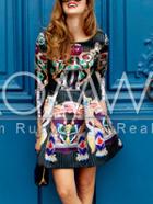 Romwe Multicolor Long Sleeve Pattern Print Flare Dress