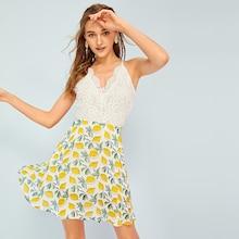 Romwe Lemon Print Lace Panel Criss Cross Backless Cami Dress