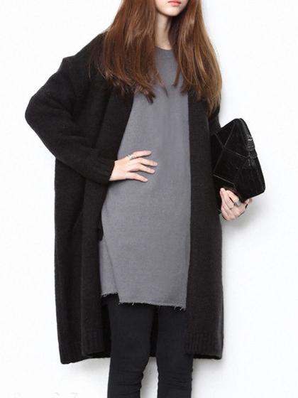 Romwe Pockets Loose Long Black Coat