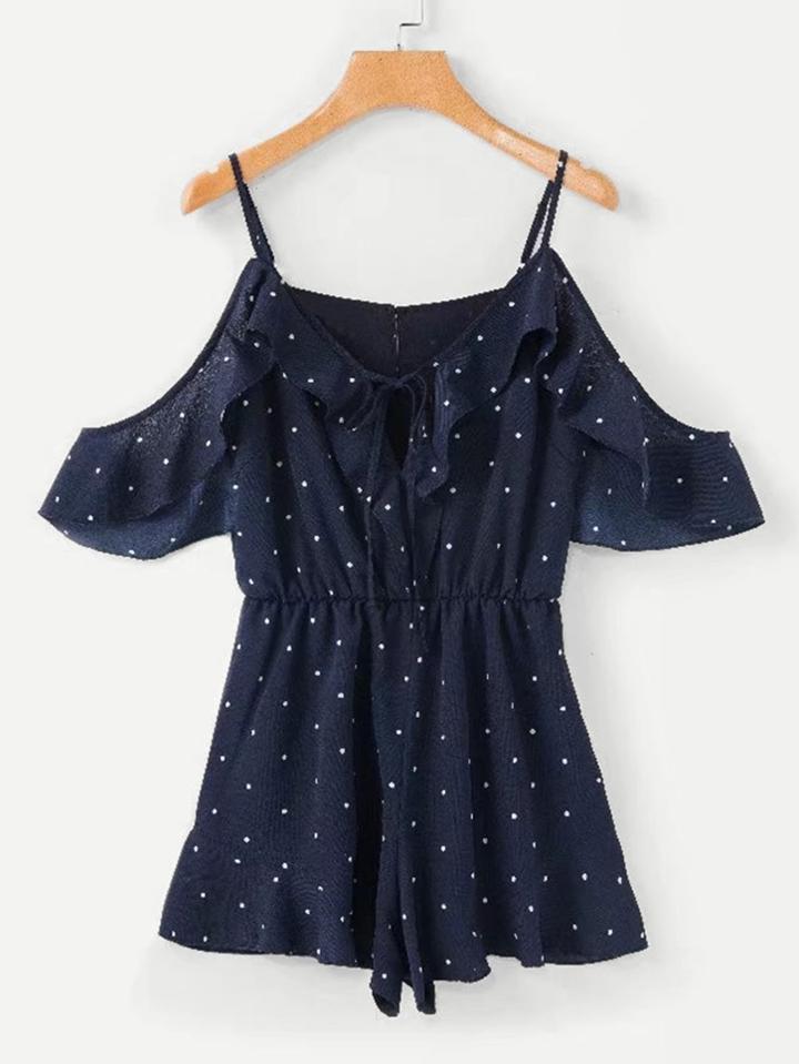 Romwe Flounce Cold Shoulder Polka Dot Romper