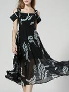 Romwe Black Spaghetti Strap Off The Shoulder Backless Print Dress