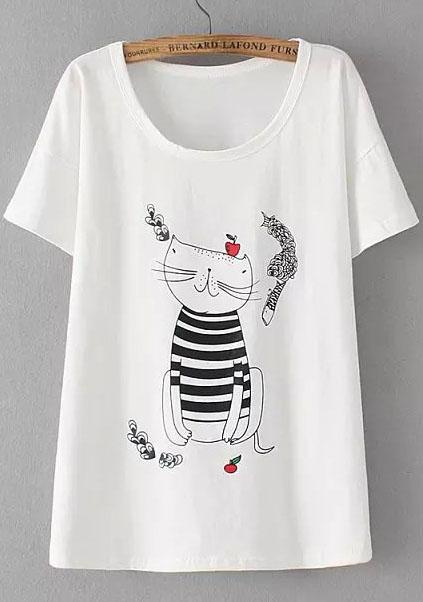Romwe Cat Apple Print White T-shirt