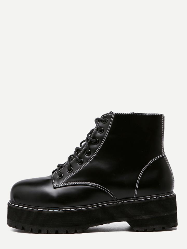 Romwe Black Pu Round Toe Lace Up Flatform Short Boots