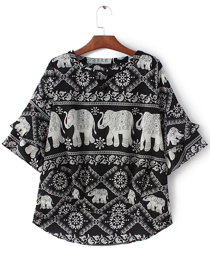Romwe Black White Bell Sleeve Elephants Print Blouse