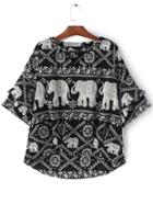 Romwe Black White Bell Sleeve Elephants Print Blouse