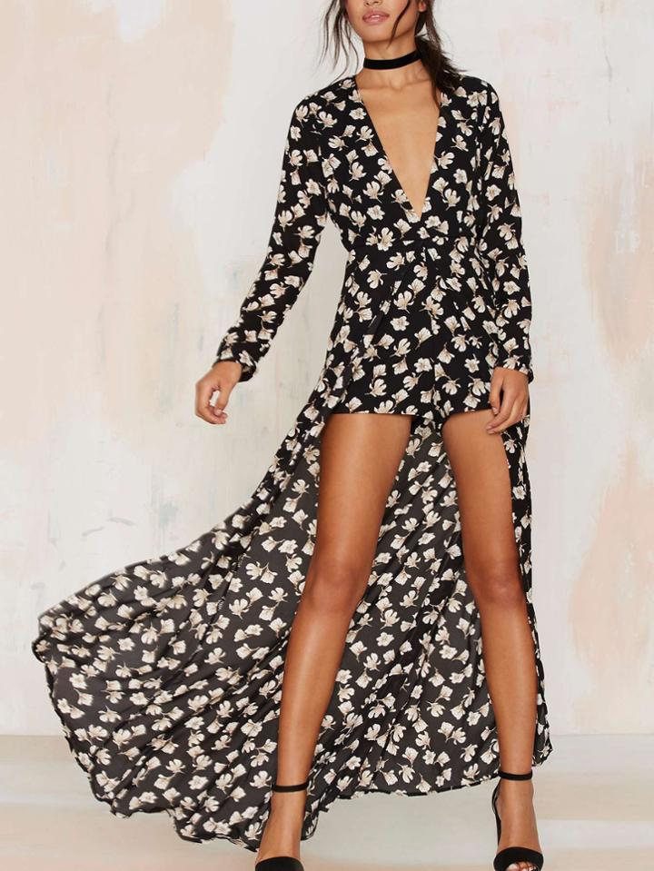 Romwe Plunge Neck High-low Flower Print Romper