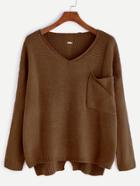 Romwe Brown V Neck High Low Hollow Back Pocket Sweater