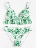 Romwe Ruffle Hem Palm Leaf Print Bikini Set