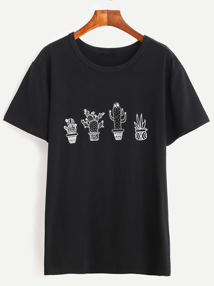 Romwe Black Cactus Print T-shirt