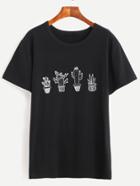 Romwe Black Cactus Print T-shirt