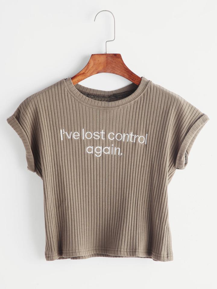 Romwe Army Green Letter Embroidered Ribbed T-shirt