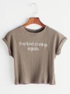 Romwe Army Green Letter Embroidered Ribbed T-shirt