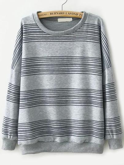 Romwe Round Neck Striped Grey Sweatshirt
