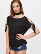 Romwe Black Contrast Binding Split Tie Sleeve Dolman T-shirt