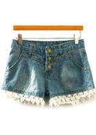 Romwe Contrast Lace Single-breasted Denim Shorts