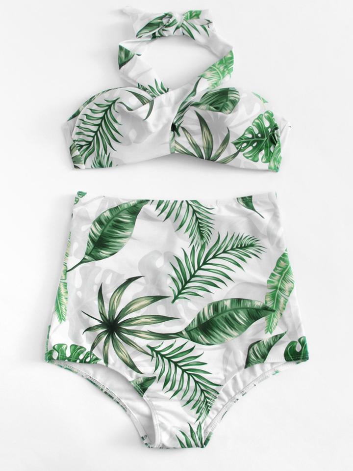 Romwe Leaf Print High Waist Bikini Set