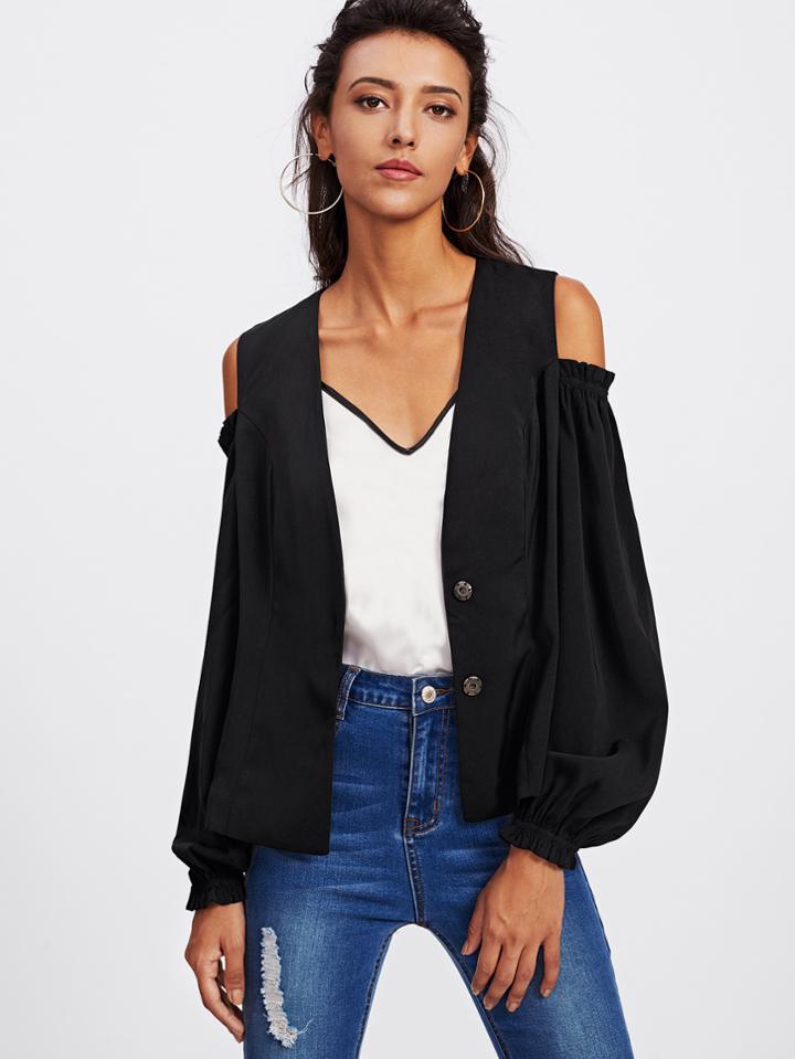 Romwe Lantern Sleeve Shirred Open Shoulder Blazer