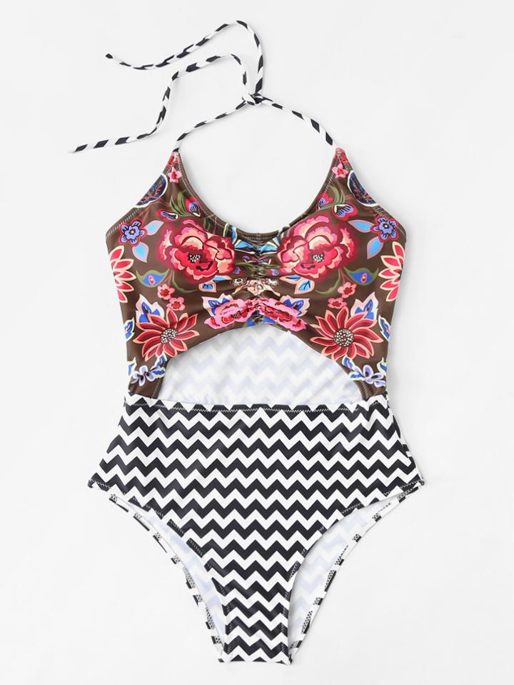 Romwe Flower Print & Chevron Swimsuit