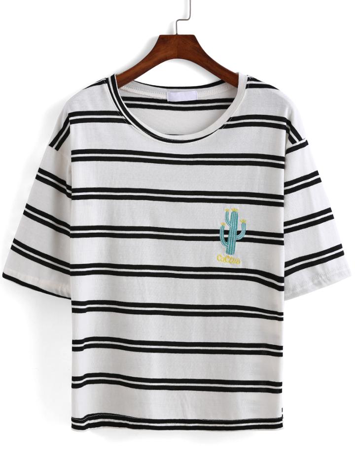 Romwe White Striped Cactus Embroidered Loose T-shirt