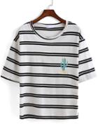 Romwe White Striped Cactus Embroidered Loose T-shirt