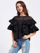 Romwe Eyelet Shoulder Exaggerate Frill Trim Top