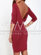 Romwe Rose Red Half Sleeve V Back Dress