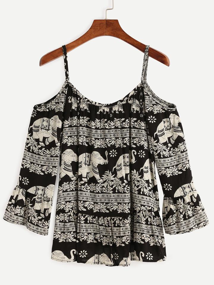 Romwe Black Elephant Print Cold Shoulder Blouse