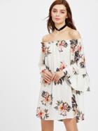 Romwe Off Shoulder Fluted Sleeve Floral Print Shirred Dress