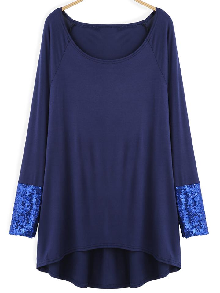 Romwe Long Sleeve Dip Hem Sequined T-shirt
