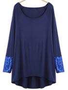 Romwe Long Sleeve Dip Hem Sequined T-shirt