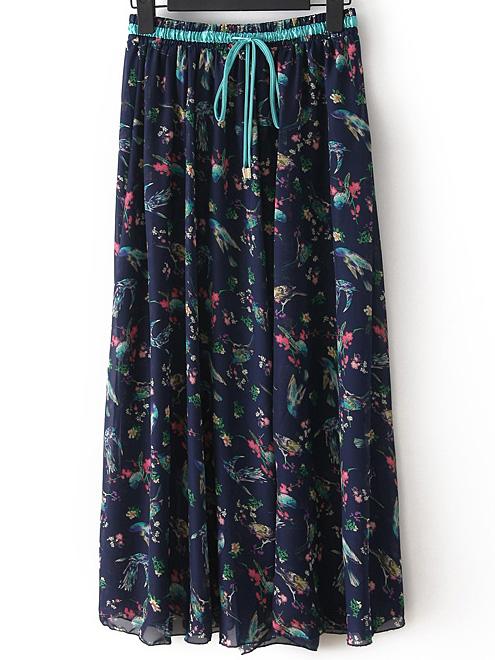 Romwe Bird Print Pleated Navy Skirt With Drawstring