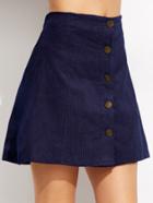 Romwe Dark Blue Corduroy Single Breasted A Line Skirt