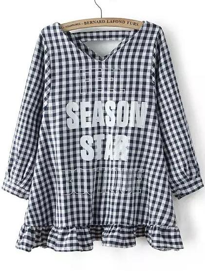 Romwe V Neck Plaid Letter Print Peplum Hem Blue Blouse