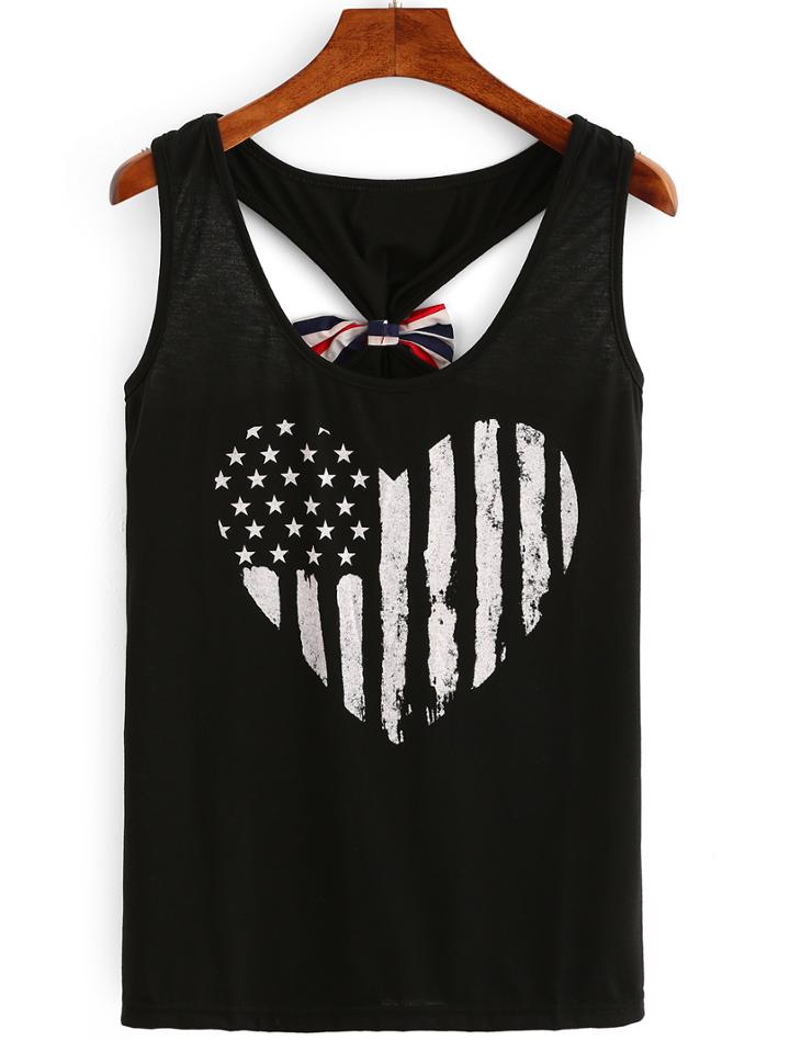 Romwe Stars And Stripes Print Bow Racerback Tank Top