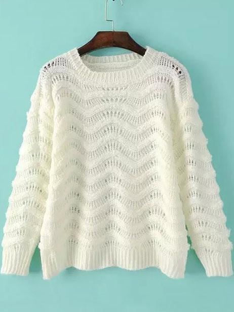 Romwe Open-knit Zigzag White Sweater