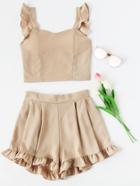Romwe Frill Trim Shirred Crop Tank Top With Shorts