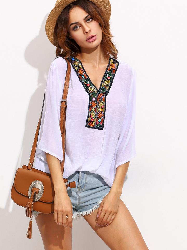Romwe White Beaded Embroidered V Neck Tunic Blouse