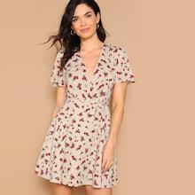 Romwe Belted Waist Split Sleeve Flower Print Dress