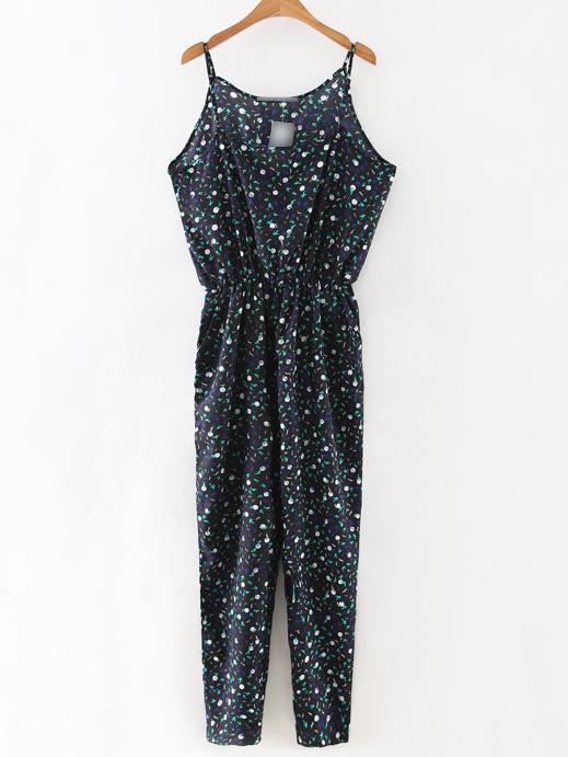 Romwe Black Sleeveless Printed Pocket Siamese Trousers