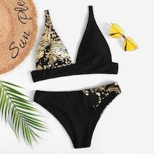 Romwe Metallic Triangle Top With Low Rise Bikini Set