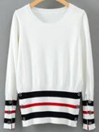 Romwe White Striped Round Neck Sweater With Buttons