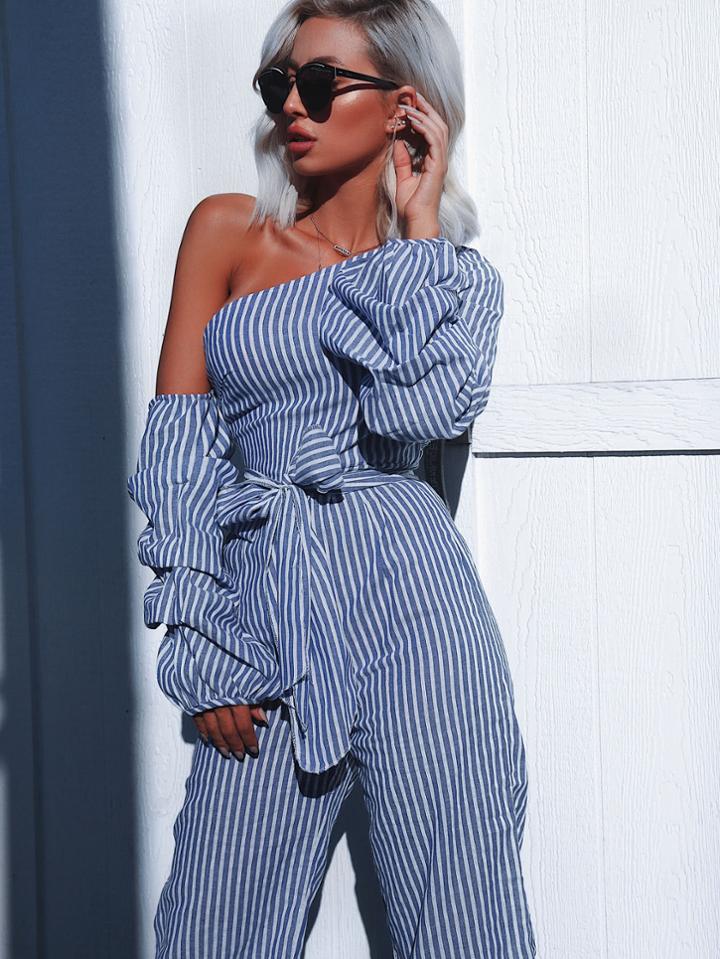 Romwe Asymmetric Shoulder Bow Waist Gathered Sleeve Jumpsuit