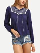 Romwe Embroidery Tassel-tie Neck Peasant Blouse - Navy