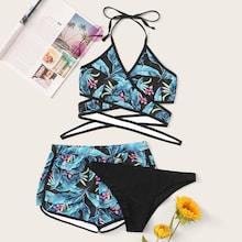 Romwe Tropical Wrap Halter Bikini Set With Shorts 3pack