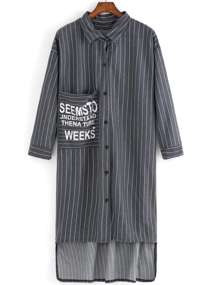 Romwe Lapel Vertical Striped Pocket High Low Blouse