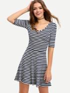 Romwe Black White Striped Half Sleeve Dress