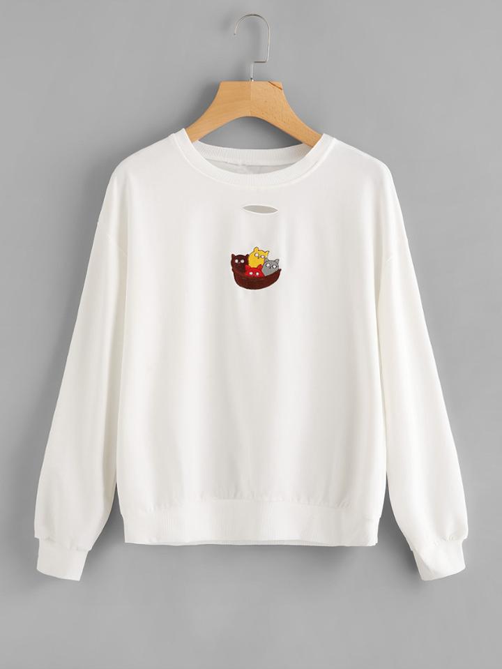 Romwe Drop Shoulder Cut Embroidered Ripped Detail Sweatshirt