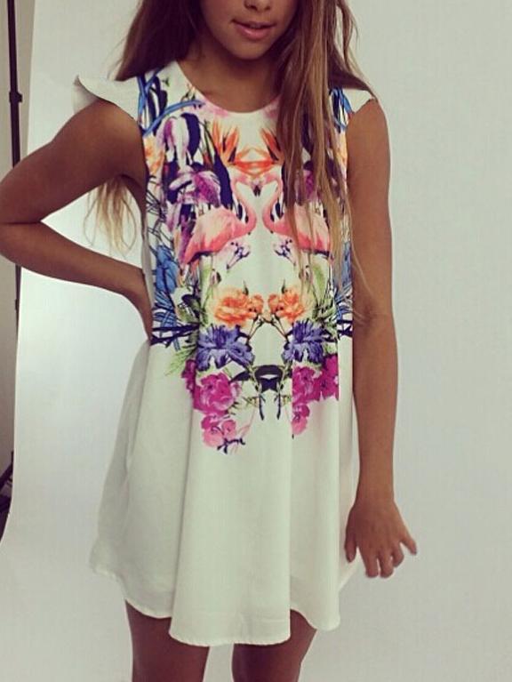 Romwe White Sleeveless Swan Print Shift Dress