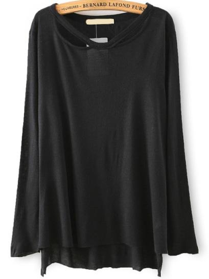 Romwe Long Sleeve Dip Hem Black T-shirt